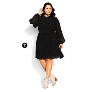 City Chic Blair Dress Lined Black Pleated Balloon Sleeve Knee Length Size L 20‎